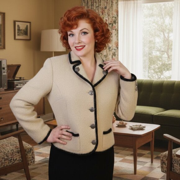 🖤 Vtg Wool Jacket | Cream & Black Trim | Size 8 ✨ - Picture 1 of 8